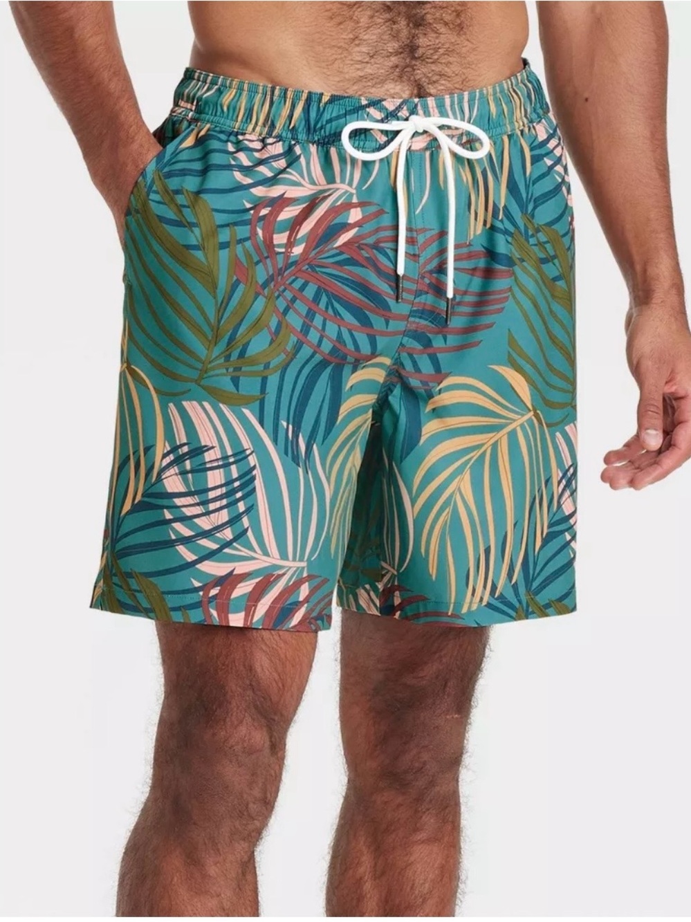 Men's 7” Small Teal Tropical Leaf Swim Trunks with Elastic Drawstring